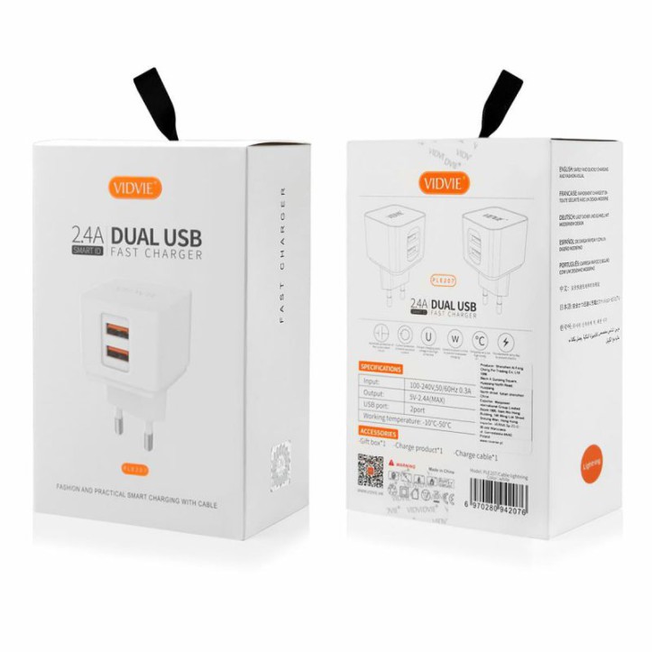 Ładowarka sieciowa VIDVIE PLE207 2.4A 2xUSB + kabel MicroUSB