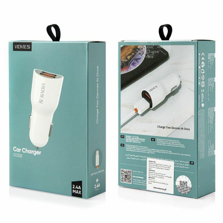 Ładowarka samochodowa VIDVIE S-CC02 2xUSB + kabel Lightning 2.4A biały