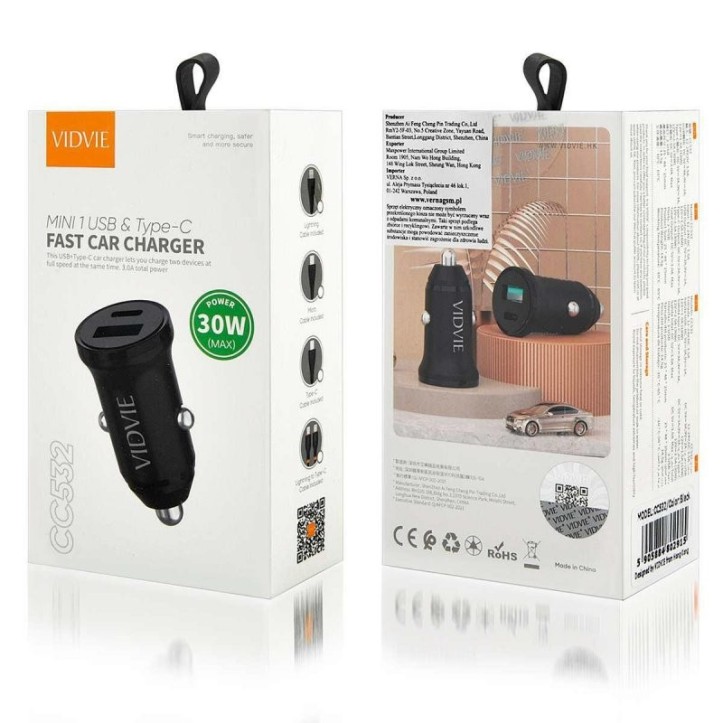 Ładowarka samochodowa VIDVIE CC532 1xUSB + 1xType C 30W czarny