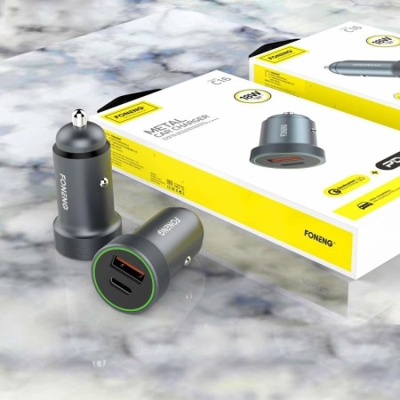 Ładowarka samochodowa FONENG C16 1xUSB + 1xType C 18W PD, QC 3.0 szary