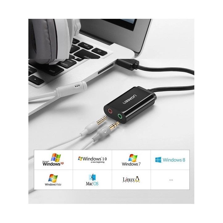 Ugreen zewnętrzna karta dźwiękowa muzyczna adapter USB - 3,5 mm mini jack 15cm czarny