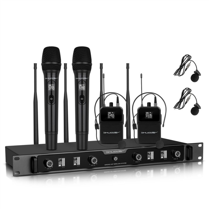 Zestaw Mikrofony bezprzewodowe Shudder SDR2403 zestaw 4 mikrofonów, 2x mikrofon + 2x mikroport bodypack 120 kanałów